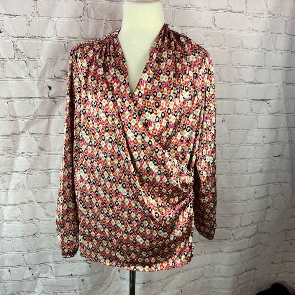 NWT Anne Klein latte multi faux wrap floral Blouse womens L boho office classic